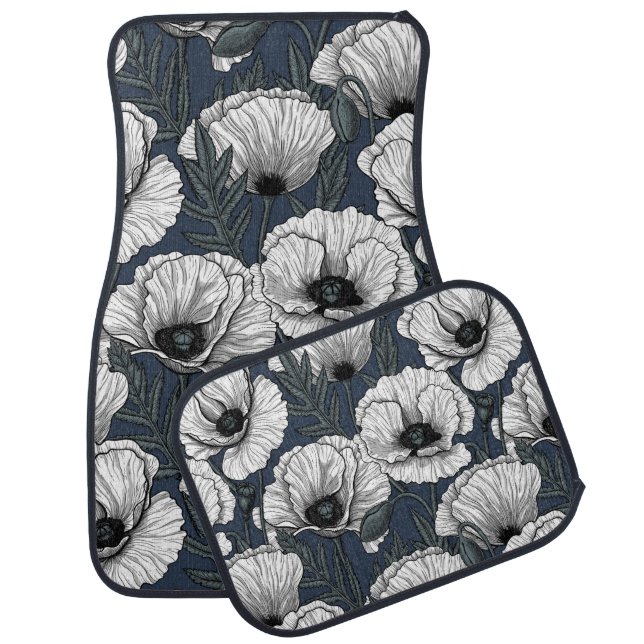 White poppies on navy car floor mat (Set)