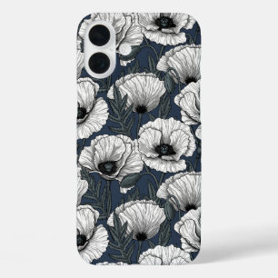 White poppies on navy iPhone 16 plus case