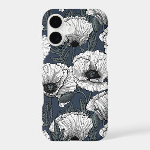 White poppies on navy iPhone 17 case