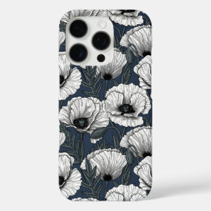 White poppies on navy iPhone 16 pro case