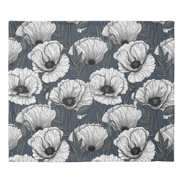 White poppies on navy duvet cover (Front)