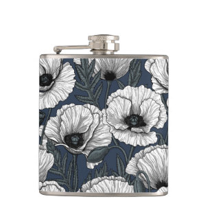 White poppies on navy flask