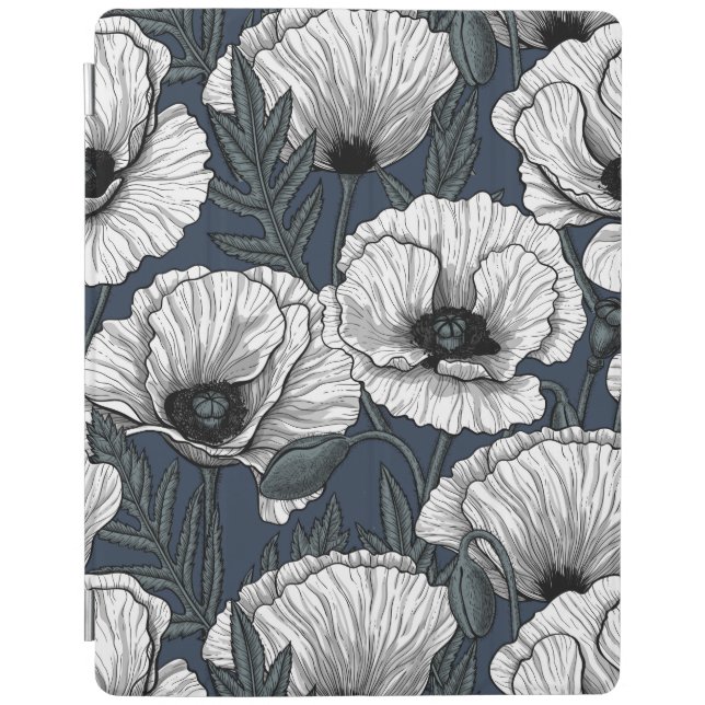 White poppies on navy iPad smart cover (Front)