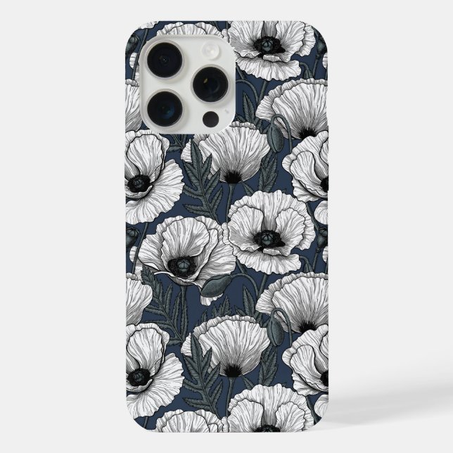 White poppies on navy iPhone case (Back)