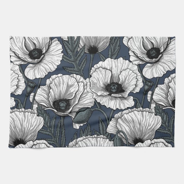 White poppies on navy kitchen towel (Horizontal)