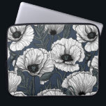 White poppies on navy laptop sleeve<br><div class="desc">Hand-drawn white poppies,  seamless vector pattern</div>