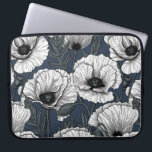 White poppies on navy laptop sleeve<br><div class="desc">Hand-drawn white poppies,  seamless vector pattern</div>