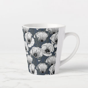 White poppies on navy latte mug
