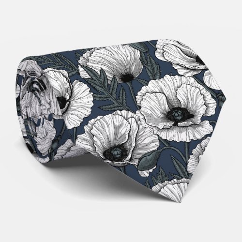 White poppies on navy neck tie