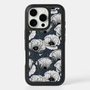 White poppies on navy iPhone 16 pro case