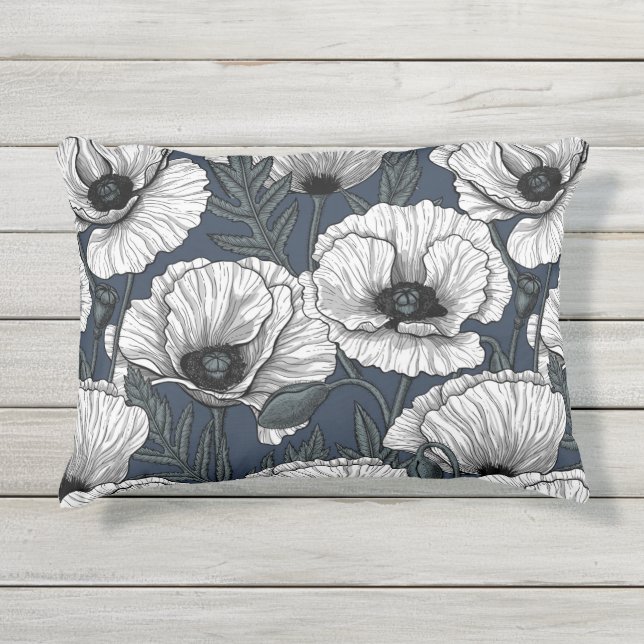 White poppies on navy outdoor pillow (Front)