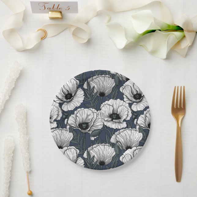 White poppies on navy paper plates (Wedding)