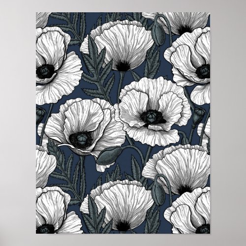 White poppies on navy poster