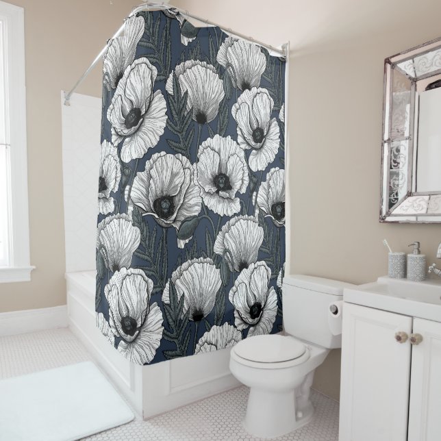 White poppies on navy shower curtain (In Situ)