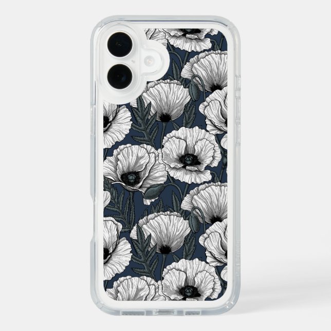 White poppies on navy speck iPhone case (Front)