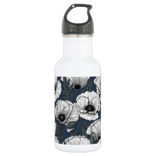 White poppies on navy stainless steel water bottle