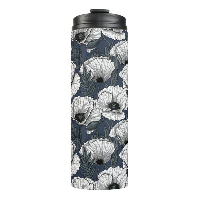 White poppies on navy thermal tumbler (Front)