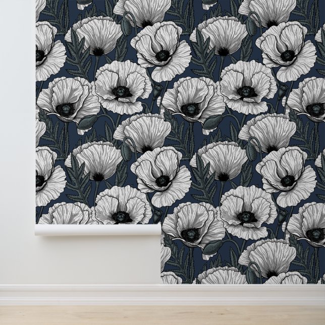 White poppies on navy wallpaper  (Application)