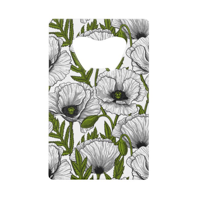 White poppies on white credit card bottle opener (Front)