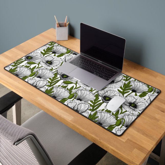 White poppies on white desk mat (Office 2)