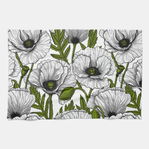 White poppies on white kitchen towel