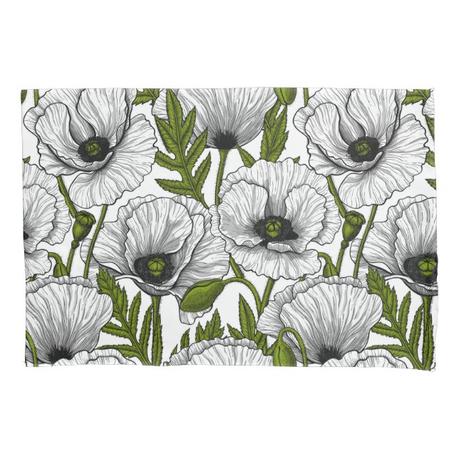 White poppies on white pillow case (Front-Left)