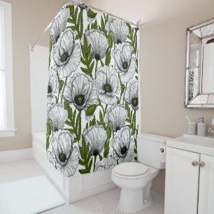 White poppies on white shower curtain