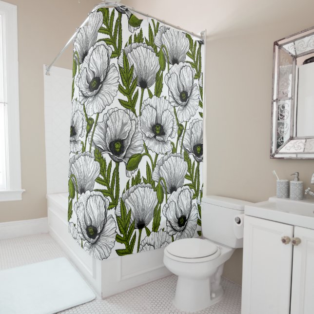 White poppies on white shower curtain (In Situ)
