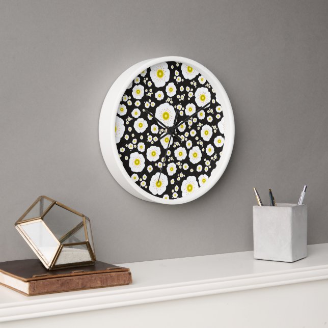 White Poppies Wood Framed Clock (Office)