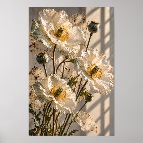 White Poppy Blossoms and Seed Pods Botanical Wall Poster
