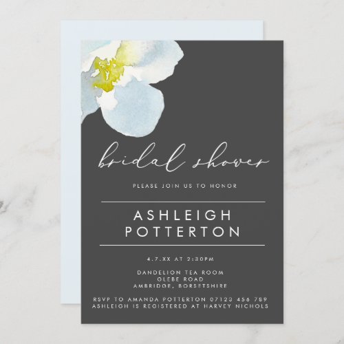 White Poppy  Charcoal Watercolor Bridal Shower Invitation