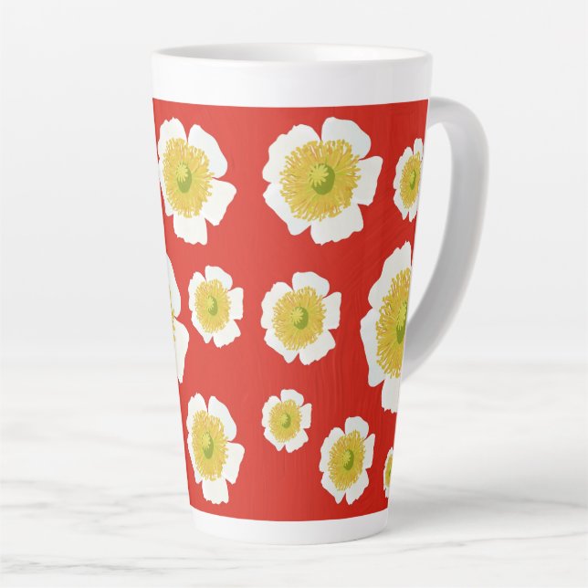 White Poppy design on  latte mug (Right Angle)