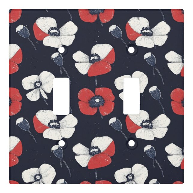 White Poppy Pattern with Red and Blue Accents Light Switch Cover (Front)