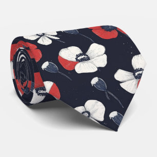 White Poppy Pattern with Red and Blue Accents Neck Tie