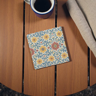 White Portuguese Mediterranean Floral Pattern Stone Coaster