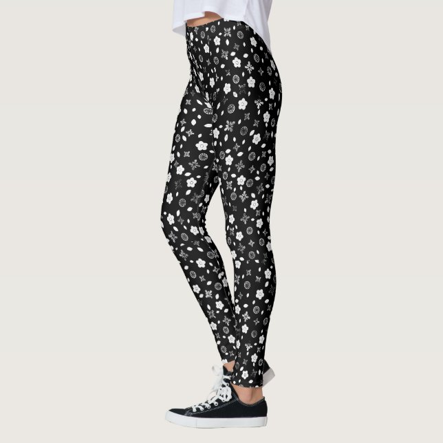 White Posies on Black Leggings (Left)