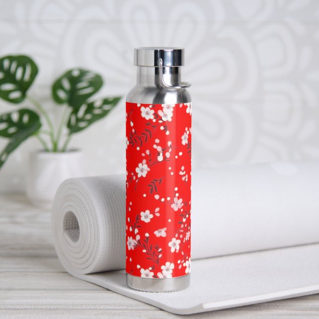 White Posies On Red Water Bottle (Yoga)