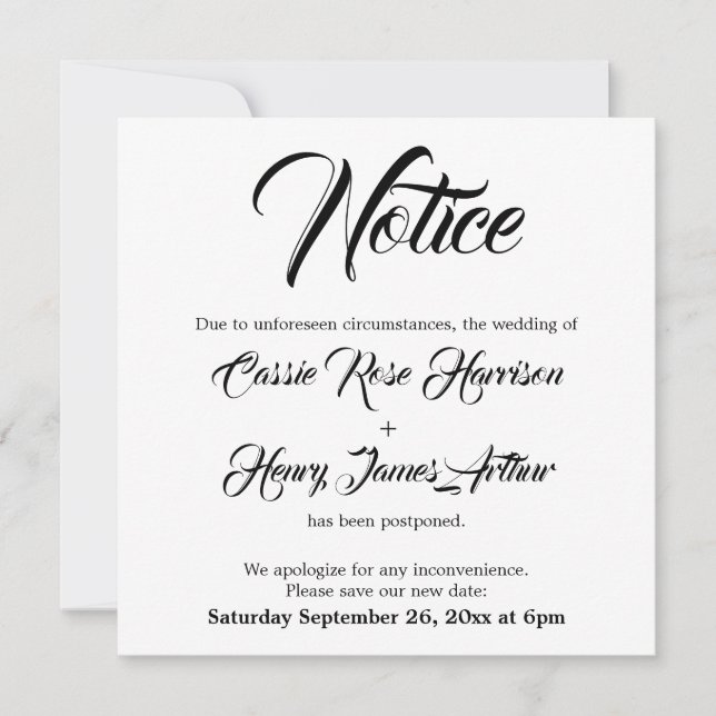 White Postponed Wedding Notice Announcement (Front)