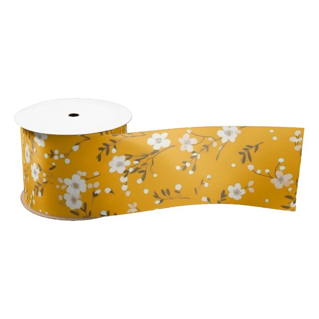 White Posy Print On Gold Satin Ribbon (Spool)