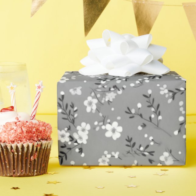 White Posy Print On Gray Wrapping Paper (Birthday Party)