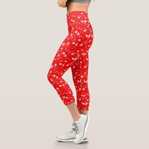 White Posy Print On Red Capri Leggings