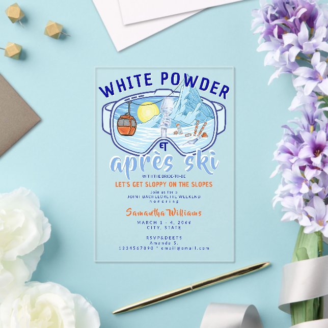 White Powder & Apres Ski Mountain Ski Bachelorette Acrylic Invitations (Insitu (Wedding))