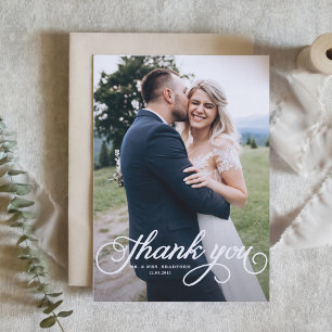 White Pretty Calligraphy Modern Photo Wedding Letterpress Thank You Card