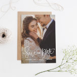 White Pretty Hand Lettering Photo Save the Date II<br><div class="desc">An elegant and modern vertical photo save the date flat card featuring modern calligraphy with colorful confetti pattern. Personalize this save the date announcement by adding your own photo and details. Similar items are available in my shop.</div>