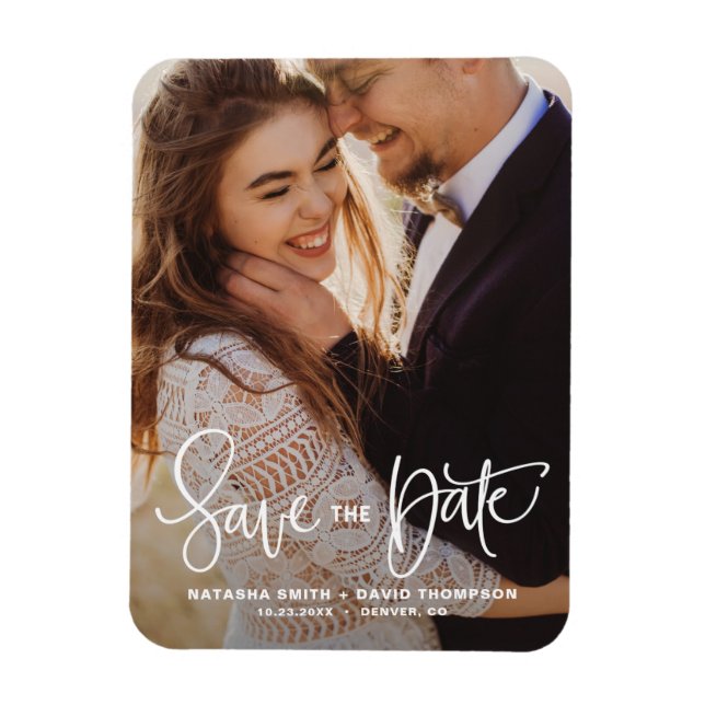 White Pretty Hand Lettering Photo Save the Date II Magnet (Vertical)