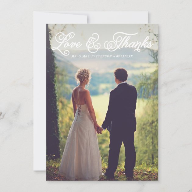 White Pretty Script Wedding Photo Thank You Card