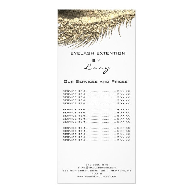 White Price List Lashes Extension Glitter Gold Rack Card (Front)