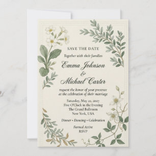 White Primroses, Clematis, Foliage Sprigs, Beaded  Invitation