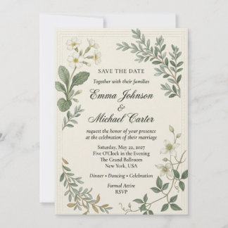 White Primroses, Clematis, Foliage Sprigs, Beaded Invitation
