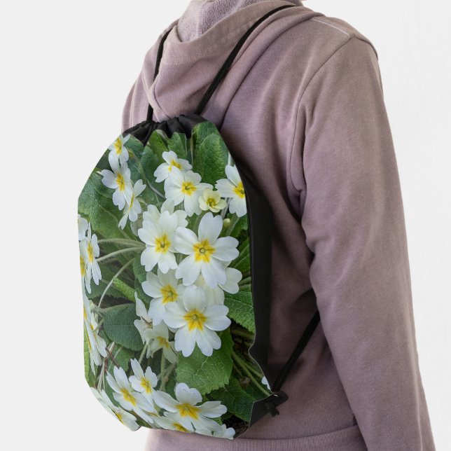 White Primroses with Yellow Centers Floral Drawstring Bag (Insitu)